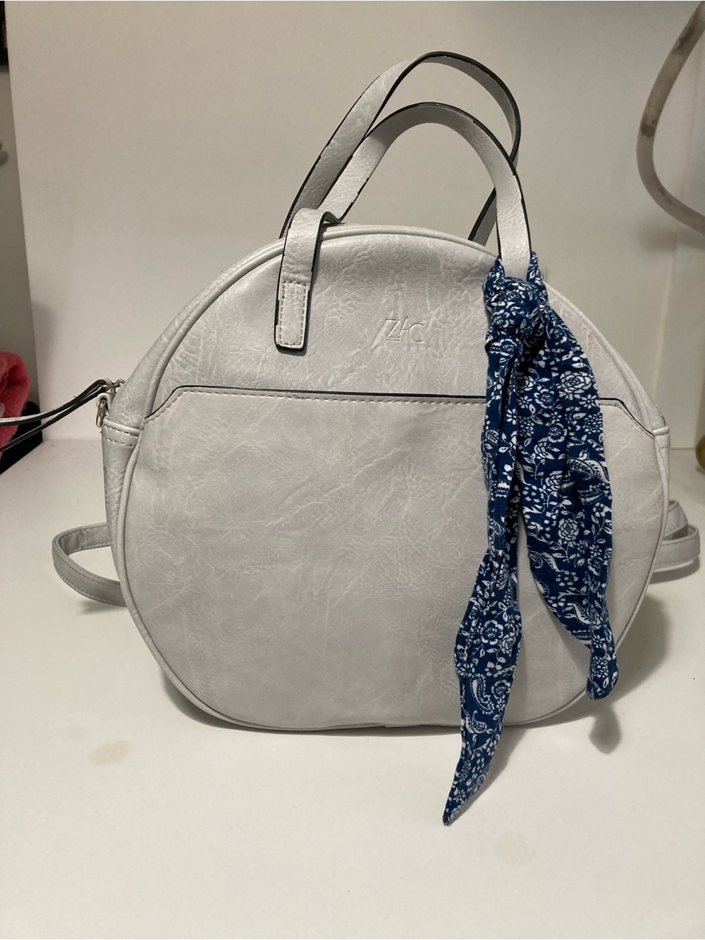 Light gray Round backpack with Blue Scarf Accent Vega leather
